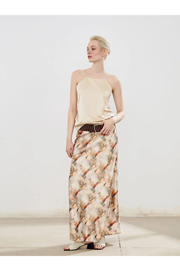 Soulife Beige Elastic Waist Patterned Skirt