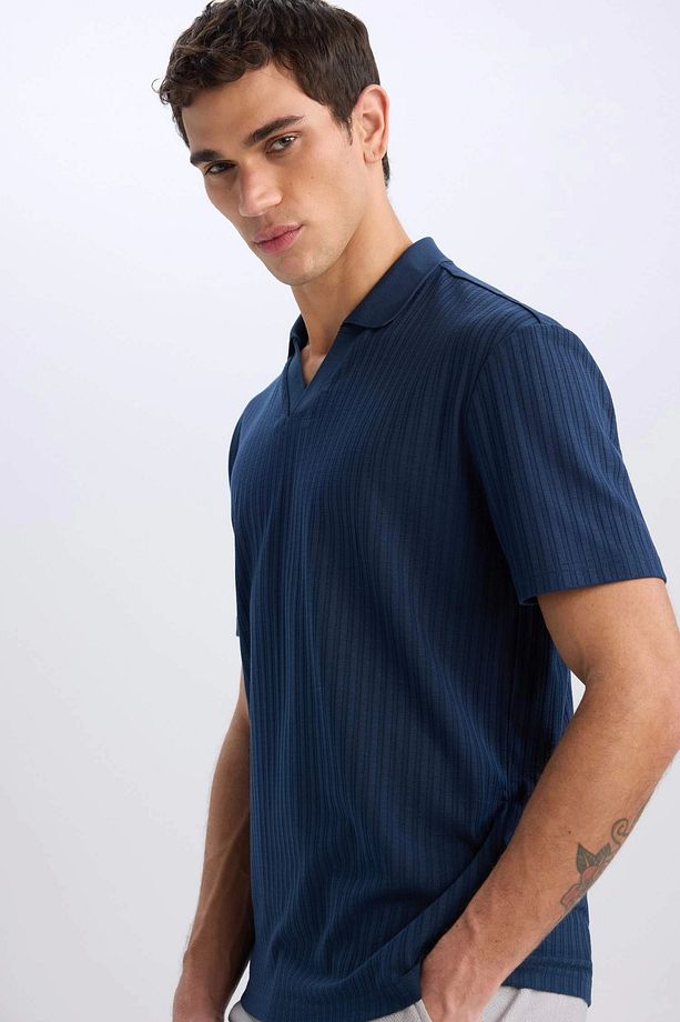 E1207 Lacivert Regular Fit Kısa Kollu Krinkıl Polo Tişört - 4