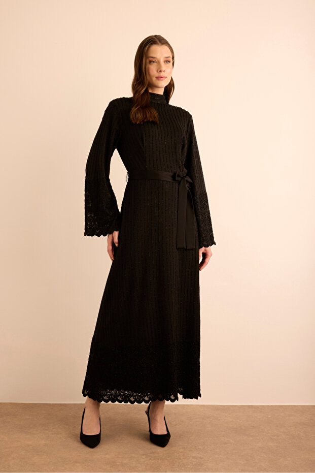 Örme Simli Tül Elbise - 1