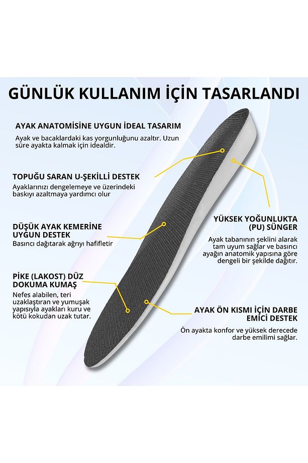 Ultra Anatomik Rahat Ayakkabı Tabanı, Lakost Kumaş Ortopedk Hafif Spor Tabanlık, Siyah, 1 Çift - 4