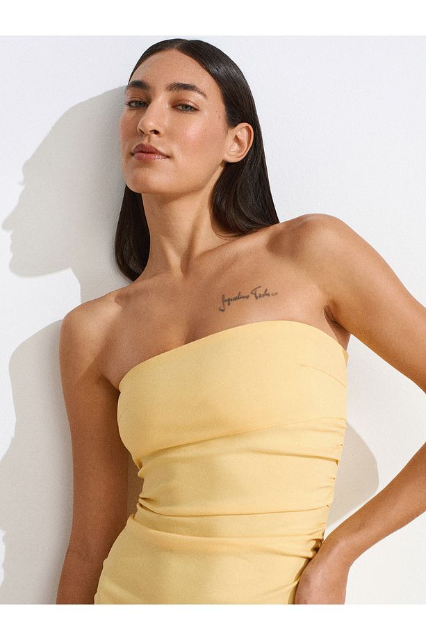 91368 Straplez Midi Elbise-Sarı - 5