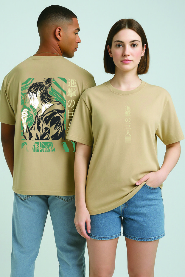 Lenithra Attack on Titan Eren Anime Back Printed Unisex Oversize Beige T-Shirt