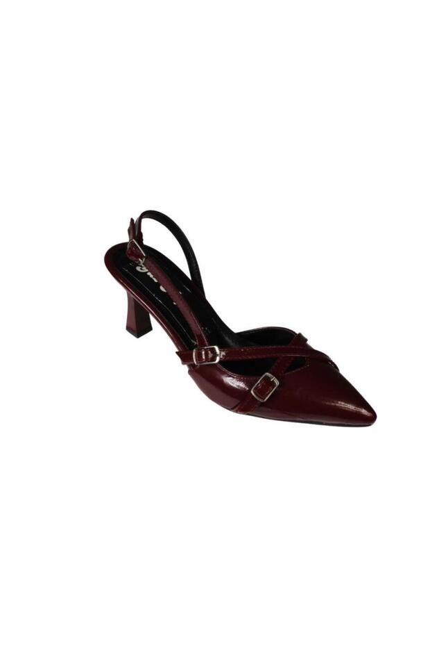 Yazkiş Women's Silver Satin Burgundy Patent Leather Top Buckle Pointed Toe 7cm Thin Heeled Stiletto Shoes