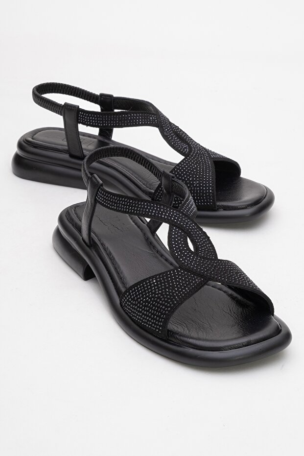 Aurora Black Genuine Leather Stone Women's Sandals