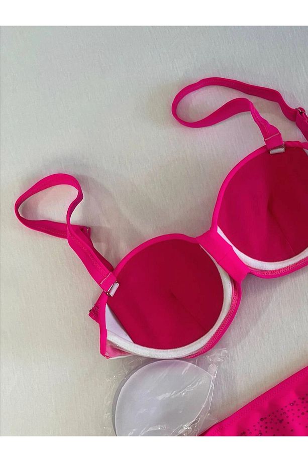 Kadın Fuşya Taş İşlemeli Astarlı Bikini Takım HZL25S-LC3361 - 5