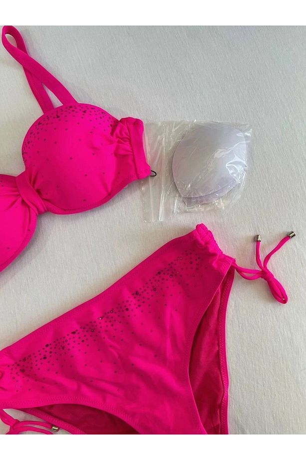 Kadın Fuşya Taş İşlemeli Astarlı Bikini Takım HZL25S-LC3361 - 2