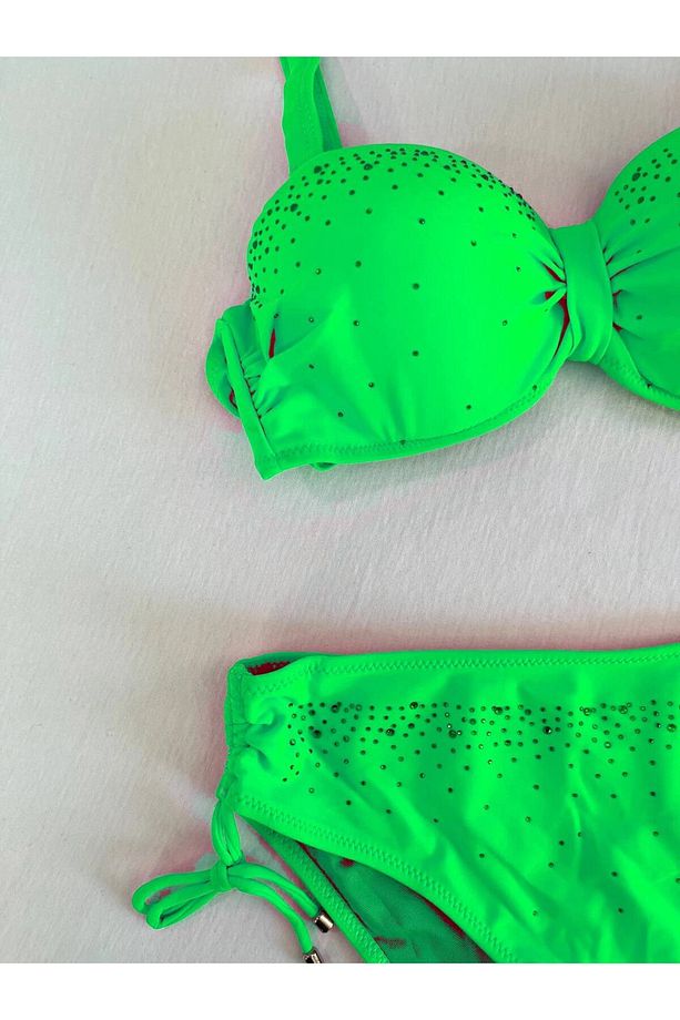 Kadın Canlı Yeşil Taş İşlemeli Astarlı Bikini Takım HZL25S-LC3361 - 4