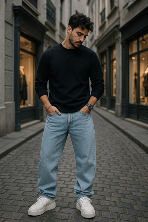 Baggy Ice Blue Color Relaxed Fit Men's Jeans Trousers