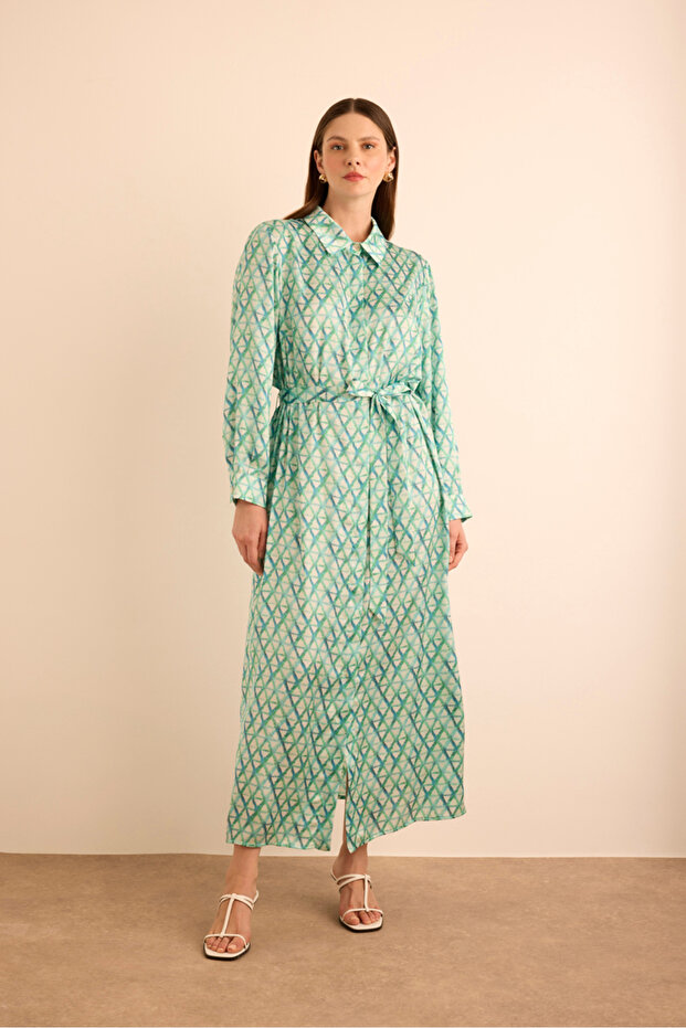 فستان قميص بنمط هندسي - 1