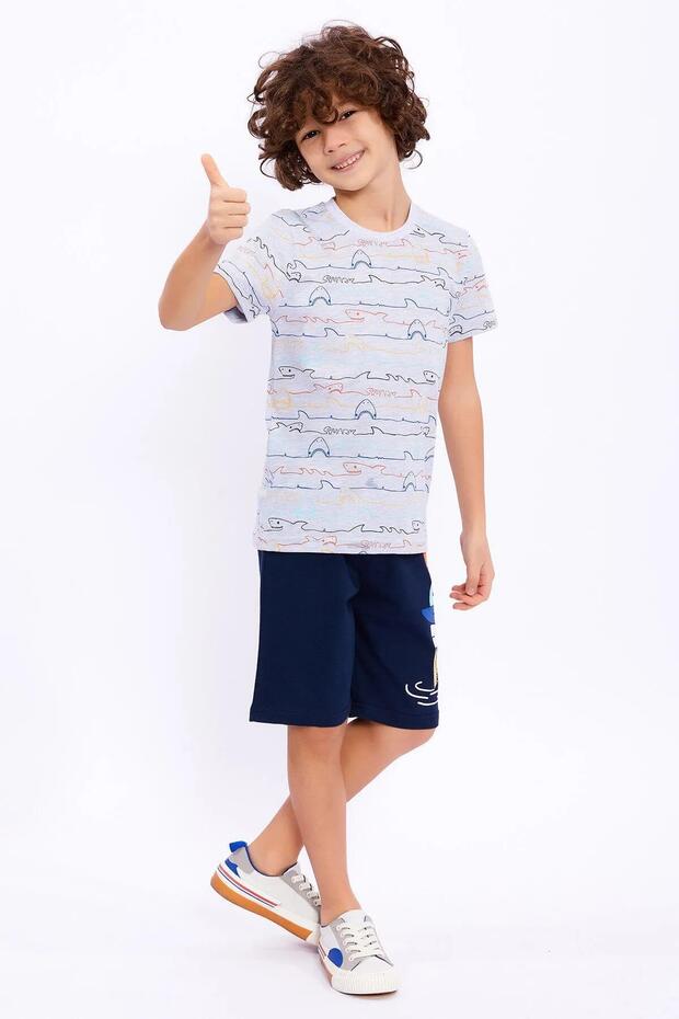 2725-2 Gray Navy Shark Patterned Shorts Set - 2