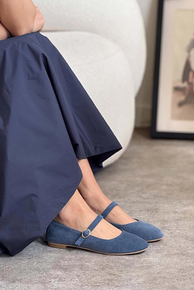 Grace Ankle Tie Genuine Leather Suede Women's Ballet Blue