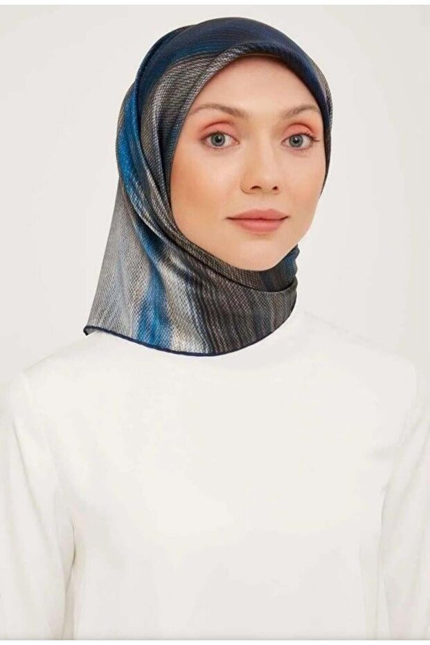 Nostalji Tivil Silk Scarf Ist 9017-05 Blue-Mink Geometric Pattern