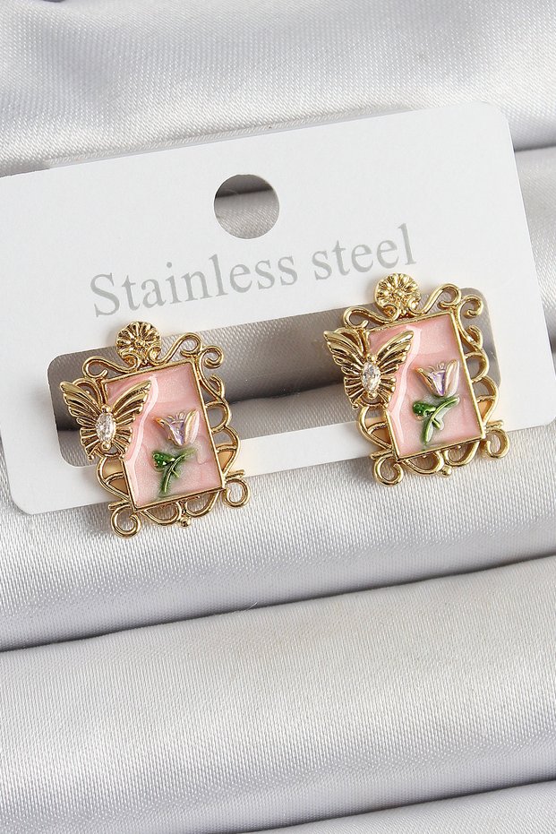 Brass Pink Enamel Artistic Portrait Model Gold Color Women's Earrings - Ebj250605W34596