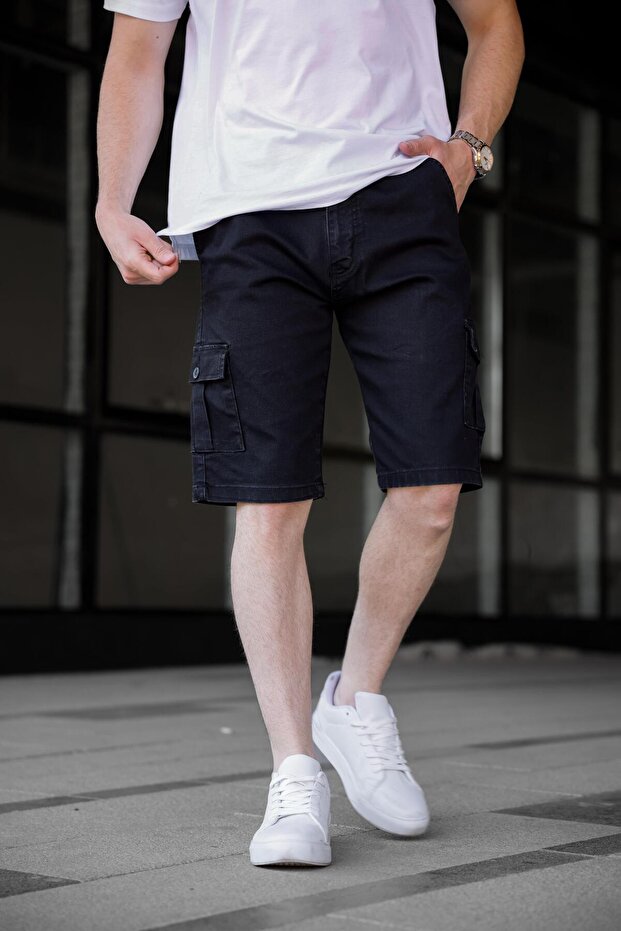 Black Color Cargo Pocket Gabardine Men's Shorts