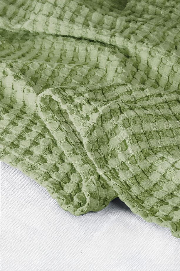 | %100 Pamuk Waffle Desen Tek Kişilik Yeşil Pike | Yatak Örtüsü | 160x230 | Çok Amaçlı Örtü - 5