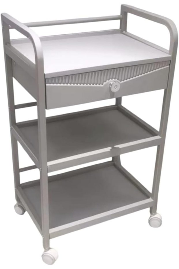 3-Tier Rolling Salon Cart with Storage Drawer, Metal Frame, Wheels, Grey