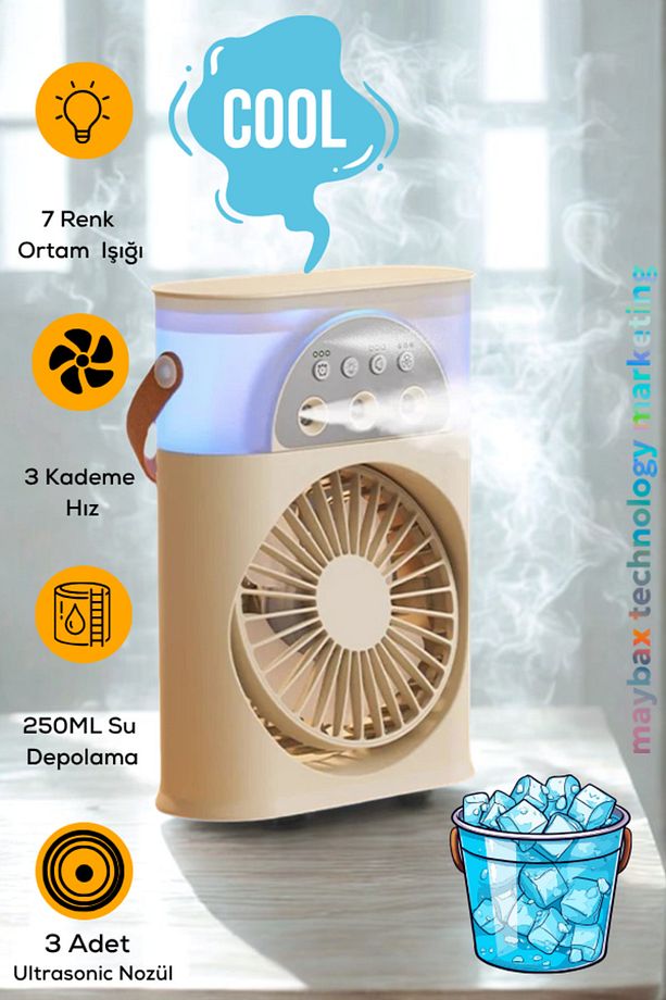 Taşınabilir Su Püskürtmeli Masa Üstü Fan 250ML Hazne 7 Renk LED Işık Zaman Ayarlı Buz Eklenebilir - 6
