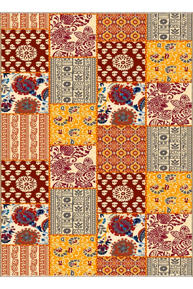 Kemal Collection Multicolored Patchwork Flower Detailed Pattern Woven Base Decorative Carpet Kemal61