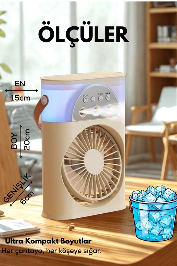 Taşınabilir Su Püskürtmeli Masa Üstü Fan 250ML Hazne 7 Renk LED Işık Zaman Ayarlı Buz Eklenebilir - 9