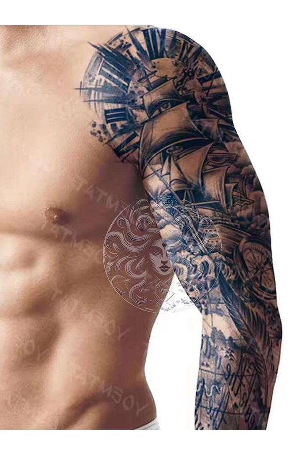 GZQB-064 YARI KALICI GEMİ PUSULA VE TÜY DESEN KOL DÖVMESİ-TATTO - 1