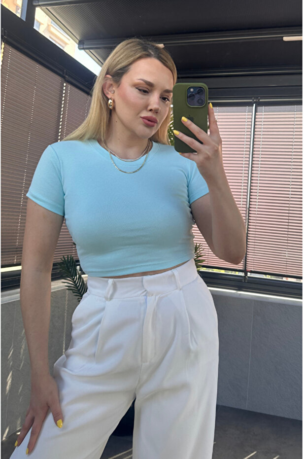 Bebe Mavisi Yarım Kollu Slim Basic Crop - 5