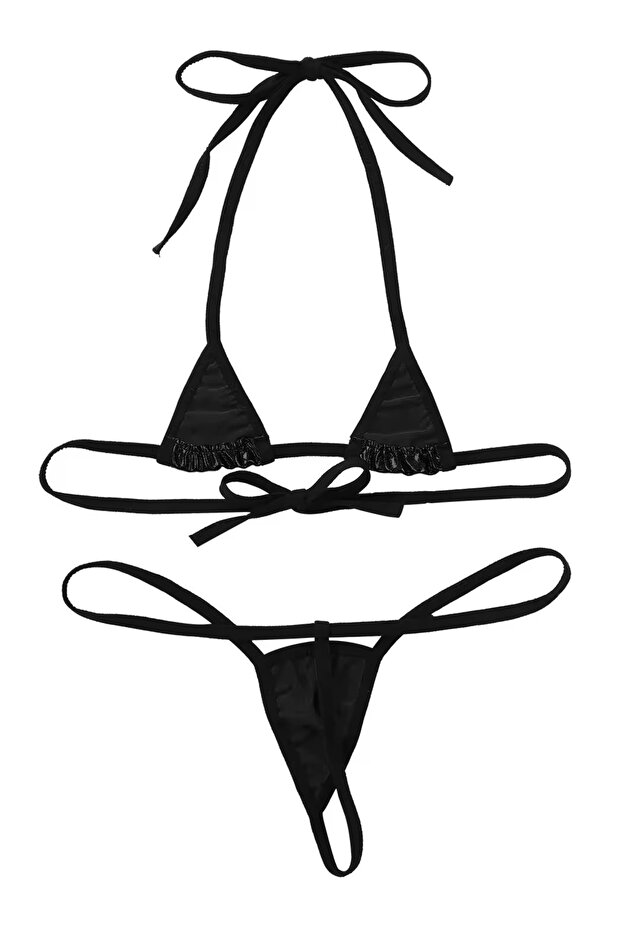 Black Leather Look Drawstring Bikini Set - 2