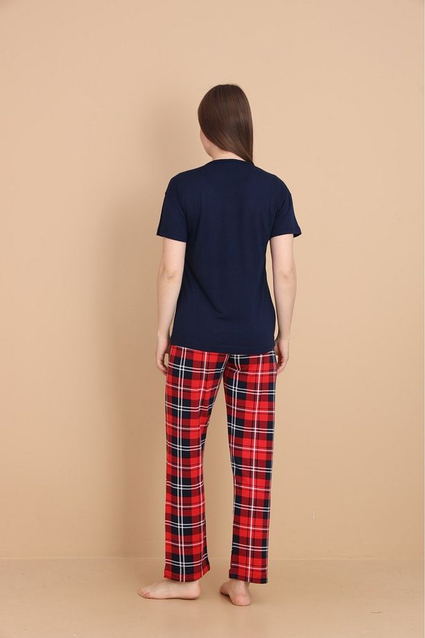 Kırmızı Ekose desenli likralı viskon pijama takımı - 3