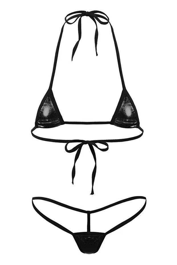 Black Leather Look Drawstring Bikini Set - 1