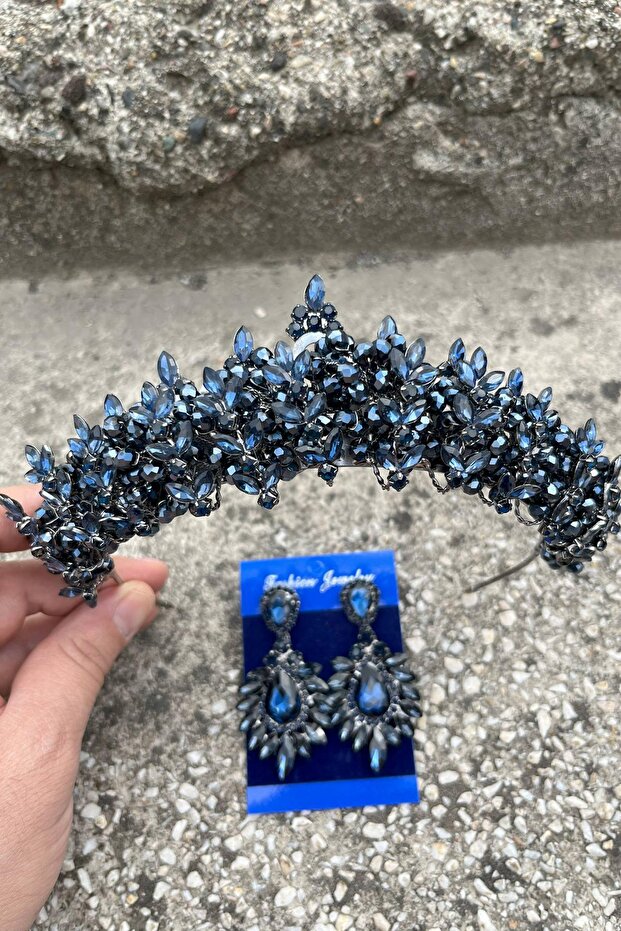 Aldonsa Navy Blue Bridal Henna Crown Special Occasion Accessory Women's Crown and Wide Shuttle Earring Set