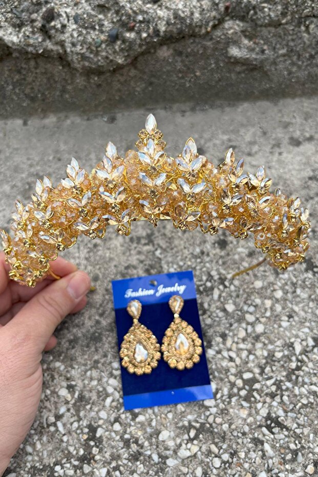 Aldonsa Gold Bridal Henna Crown Special Occasion Accessory Women's Crown and Drop Shuttle Earring Set