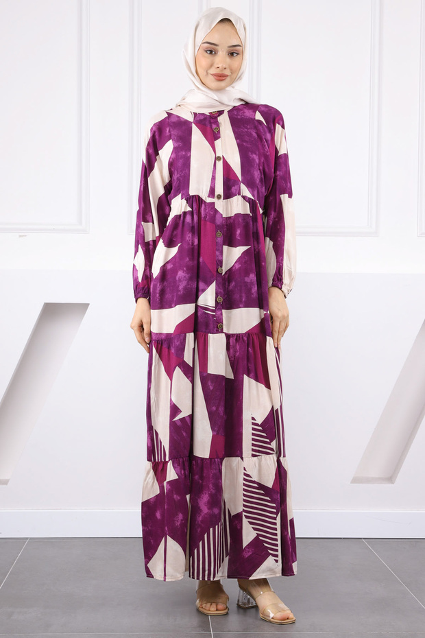 Purple Half Button Skirt Layered Dress