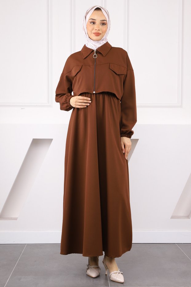 Brown Jacket Combination Waist Elastic Dress