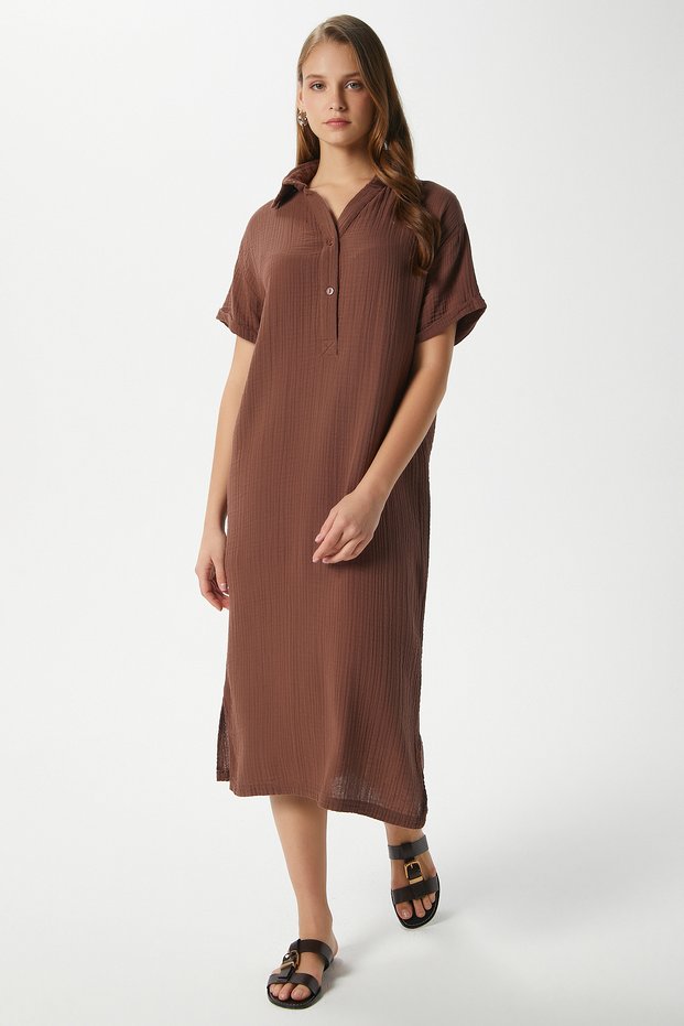 Women's Eva 100% Cotton Muslin Polo Collar Slit Brown Midi Dress
