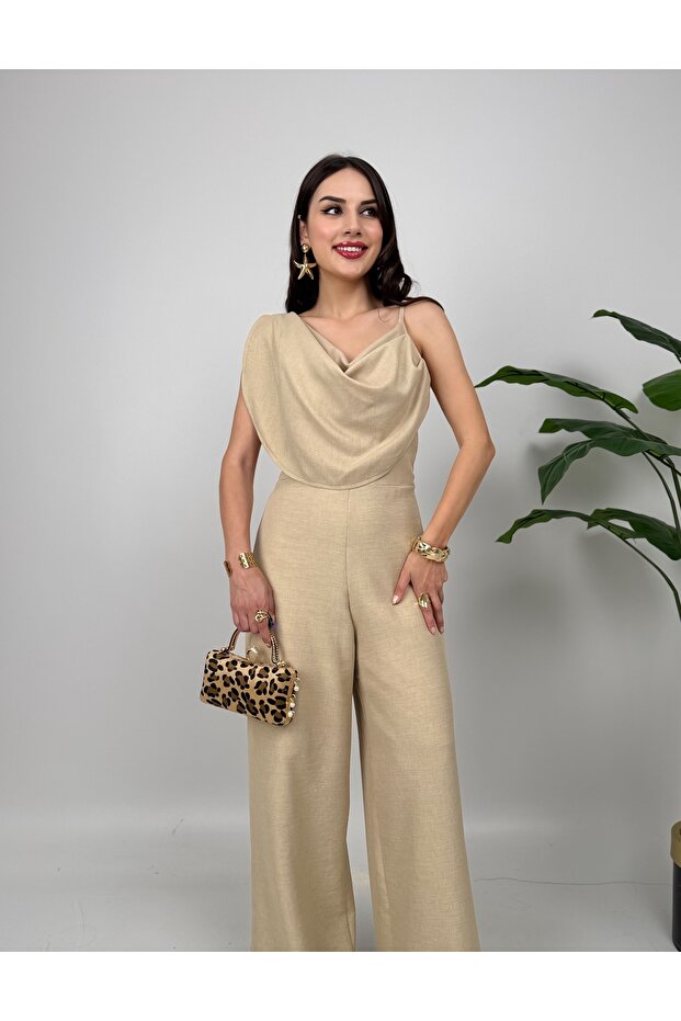 Kadın Sarı Tek Omuz Drapeli Şık Tulum - 3