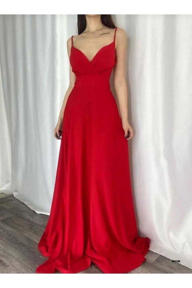 Stretch Fabric Rope Strap Slit Detailed Long Evening Dress and Graduation Dress Red 582189