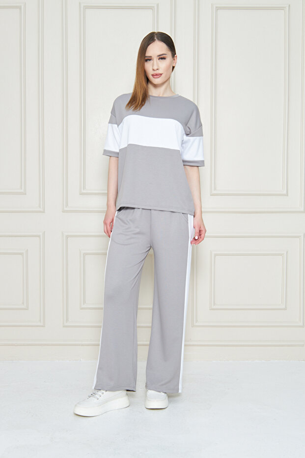 Women's Front and Sleeve Stripe Detailed Modal Fabric Short Sleeve Tracksuit Set
