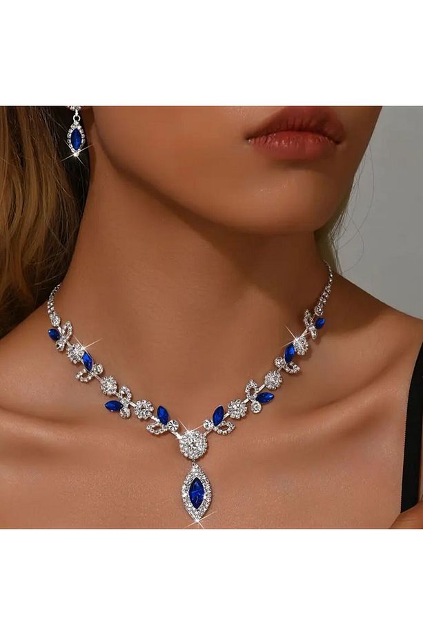 Lacivert Zirkon Taşlı Işıl Işıl 2'li Set Kolye Küpe Seti Düğün Nişan Balo Seti - 4