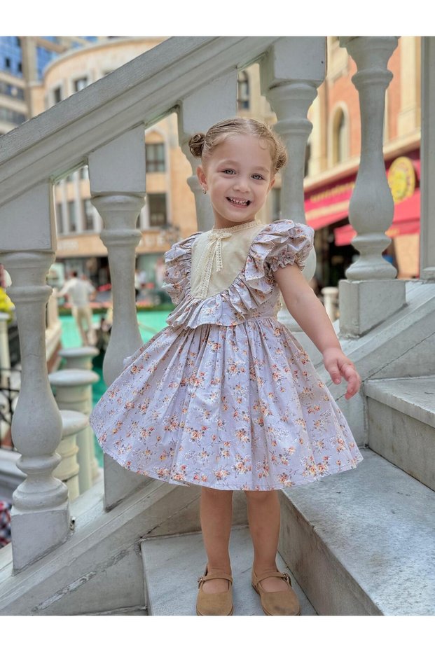 Defne Cappuccino Floral Vintage Baby Girl Dress, Birthday Dress, Photo Shoot Dress, Suitable for 0-7 Years