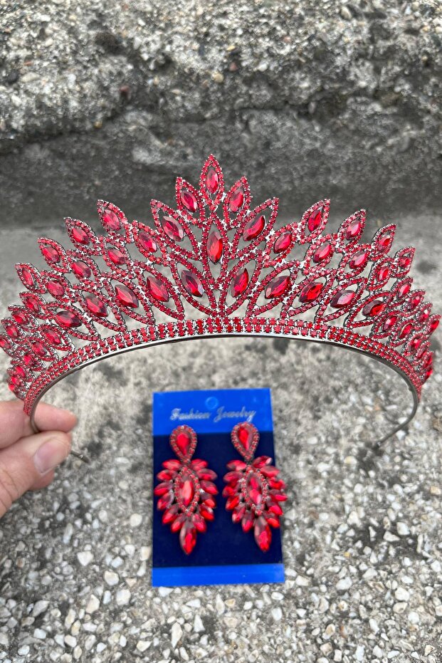 Alexa Red Bridal Henna Crown Special Occasion Accessory Women's Crown and Thin Shuttle Earrings Set