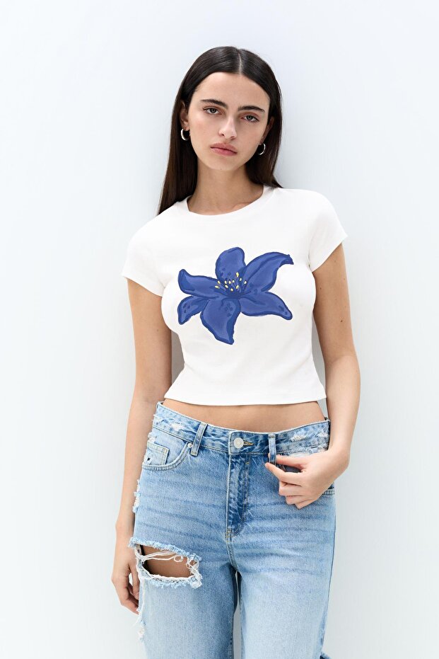 Çiçek baskılı dar t-shirt - 1