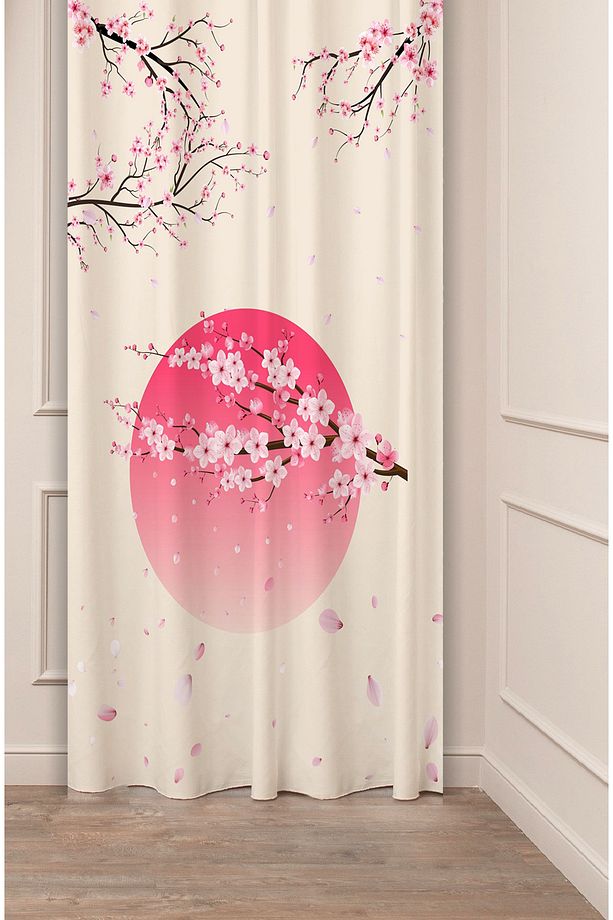 Sakura Çiçek Bohem Japonya Soft Bej Pembe Desenli Özel Tasarım Dijital Baskılı (Tek Kanat) Fon Perde - 1