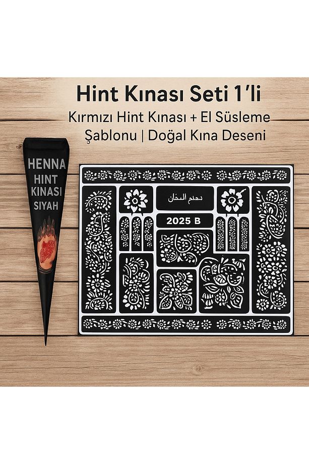 Hint Kınası Seti 2'li | Siyah Hint Kınası + El Süsleme Şablonu | Doğal Kına Deseni - 2