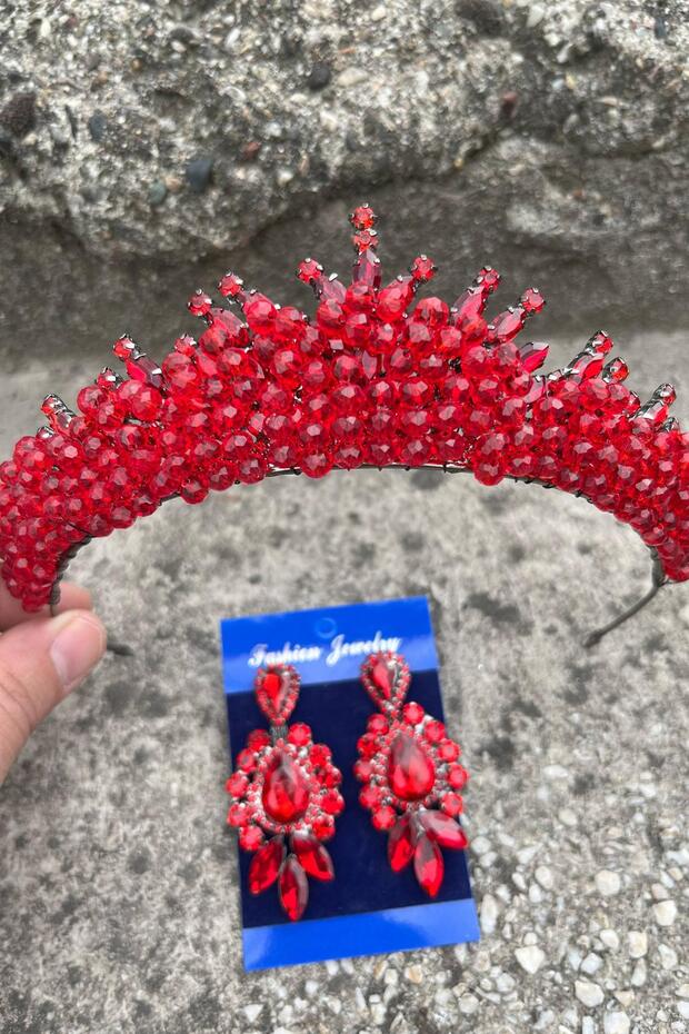 Alyce Red Bridal Henna Crown Special Occasion Accessory Women's Crown and Three Shuttle Earrings Set
