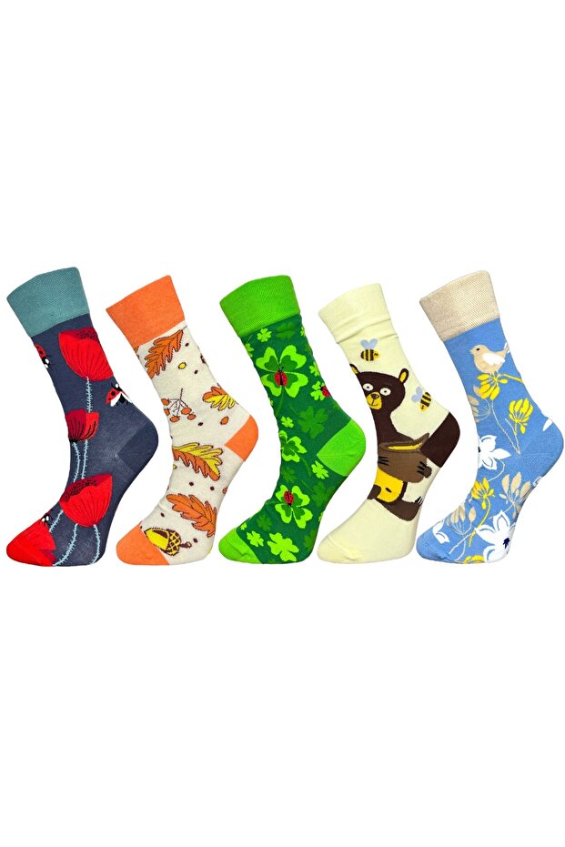عبوة من 5 جوارب مرنة للجنسين على شكل أوراق زهرة وحيوانات مختلطة الألوان قابلة للتنفس