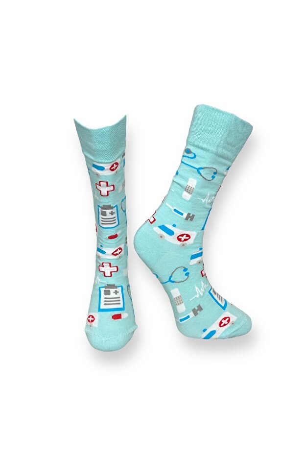 5'li Unisex Esnek Doktor Temalı Kahve Desenli Karışık Renkli Nefes Alabilen Soket Çoraplar - 4