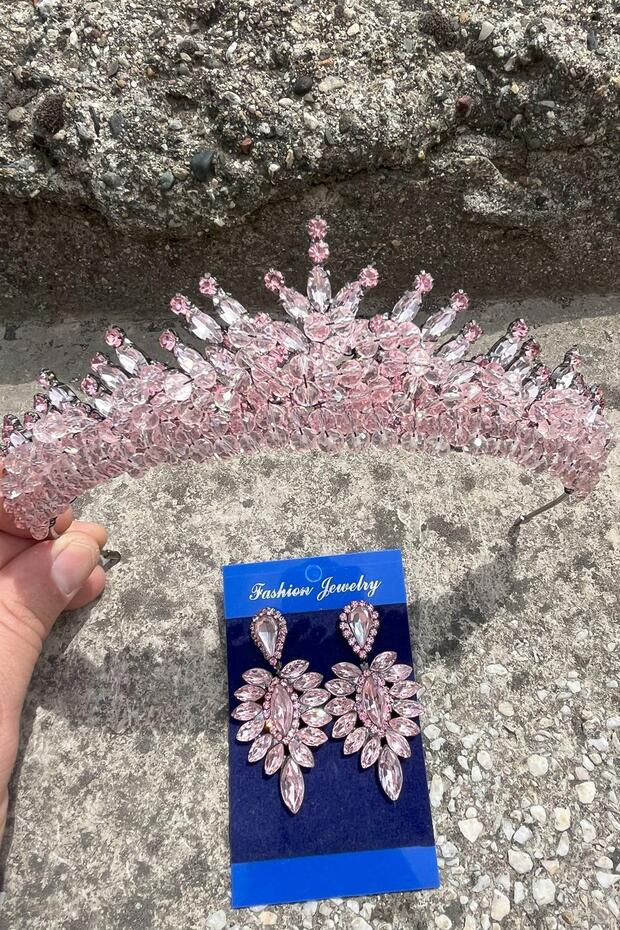 Alyce Pink Bridal Henna Crown Special Occasion Accessory Women's Crown and Thin Shuttle Earring Set