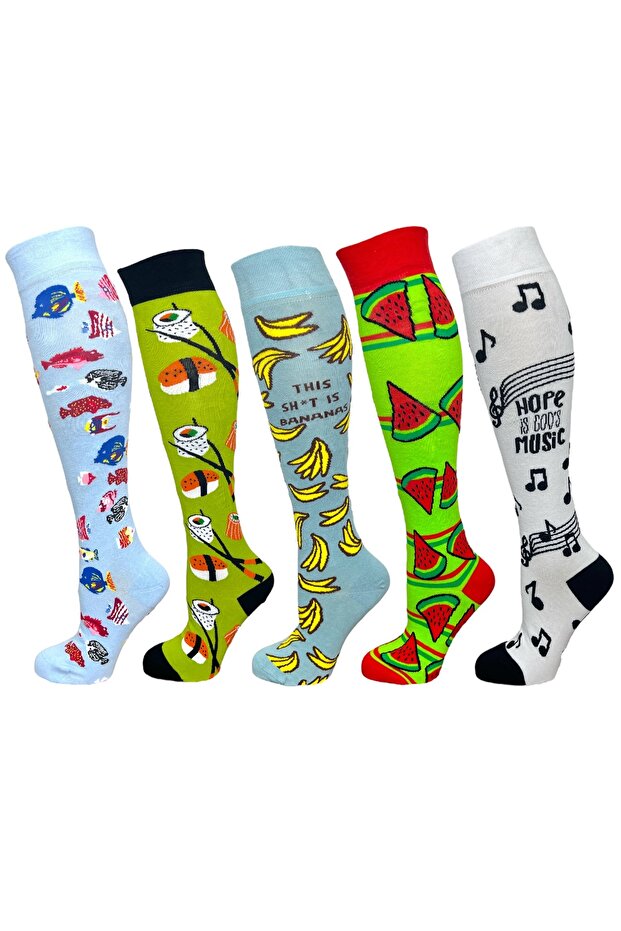 5-Pack Unisex Stretchy Watermelon Banana Sushi Fish Pattern Mixed Color Breathable Over-The-Knee Socks