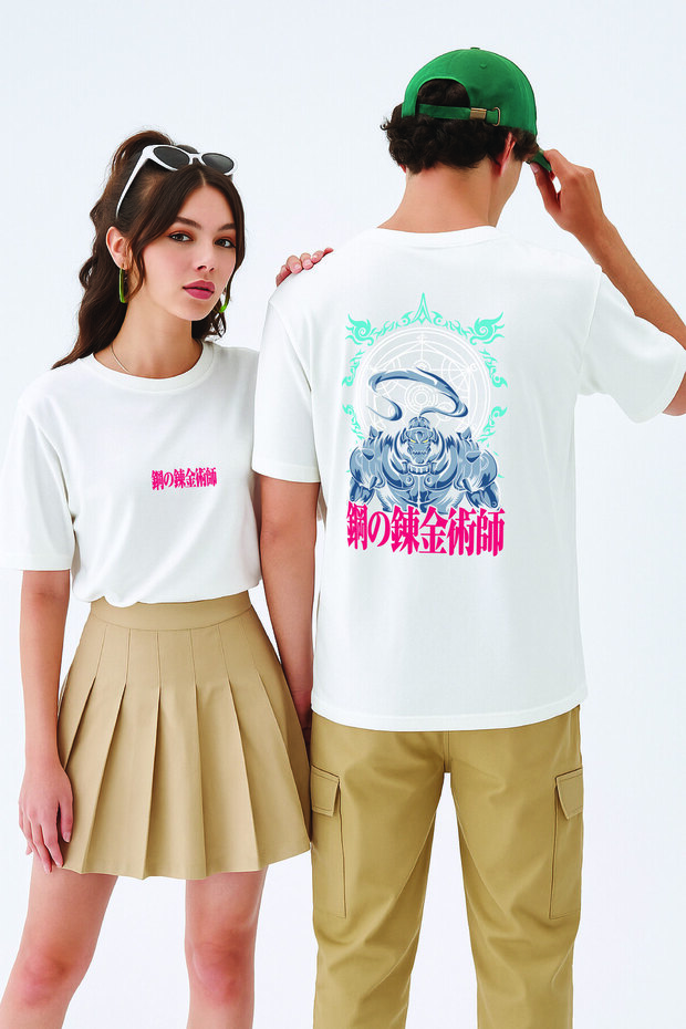 Lenithra Fullmetal Alchemist Brotherhood Alphonse Back Printed Unisex Oversize White T-Shirt