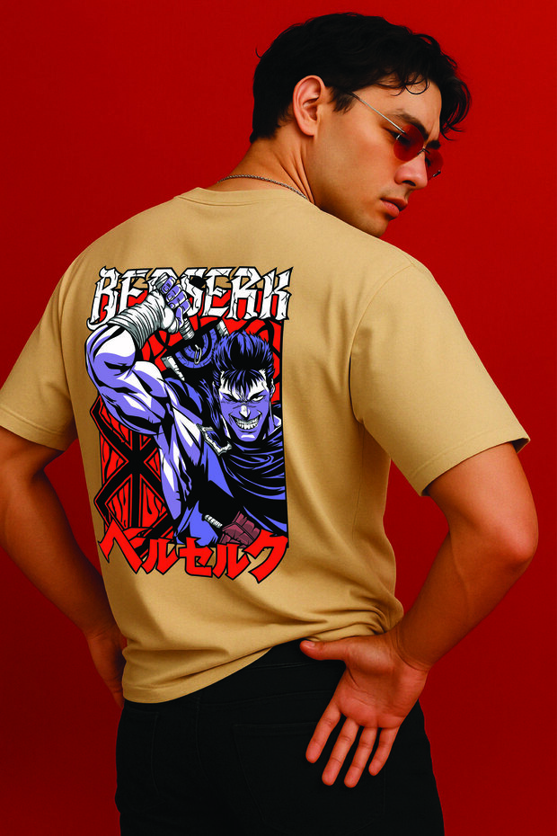 Lenithra Berserk Guts Anime Back Printed Unisex Oversize Beige T-Shirt