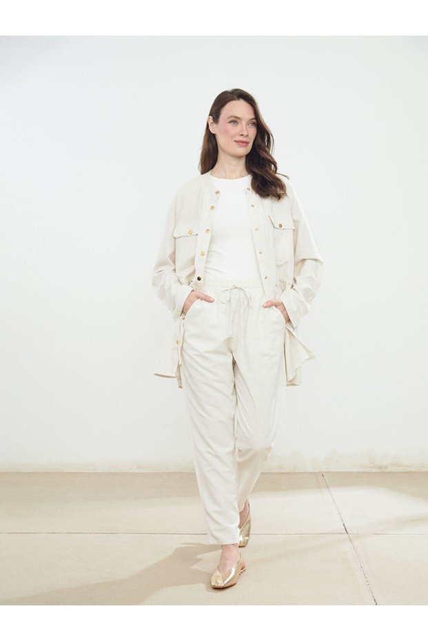 Lcw Grace Beige Women's Linen Blend Trousers with Elastic Waist